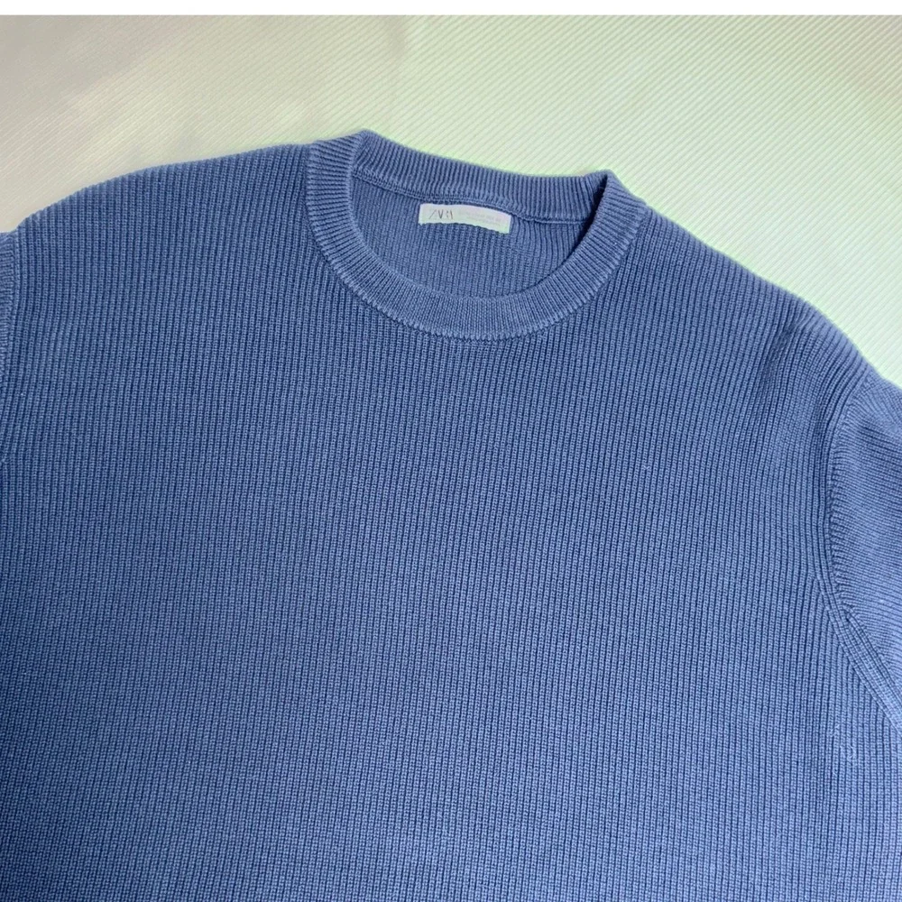 Zara Man Navy Blue Ribbed Short Sleeve Knit Crew‎ Neck Sweater Size Medium